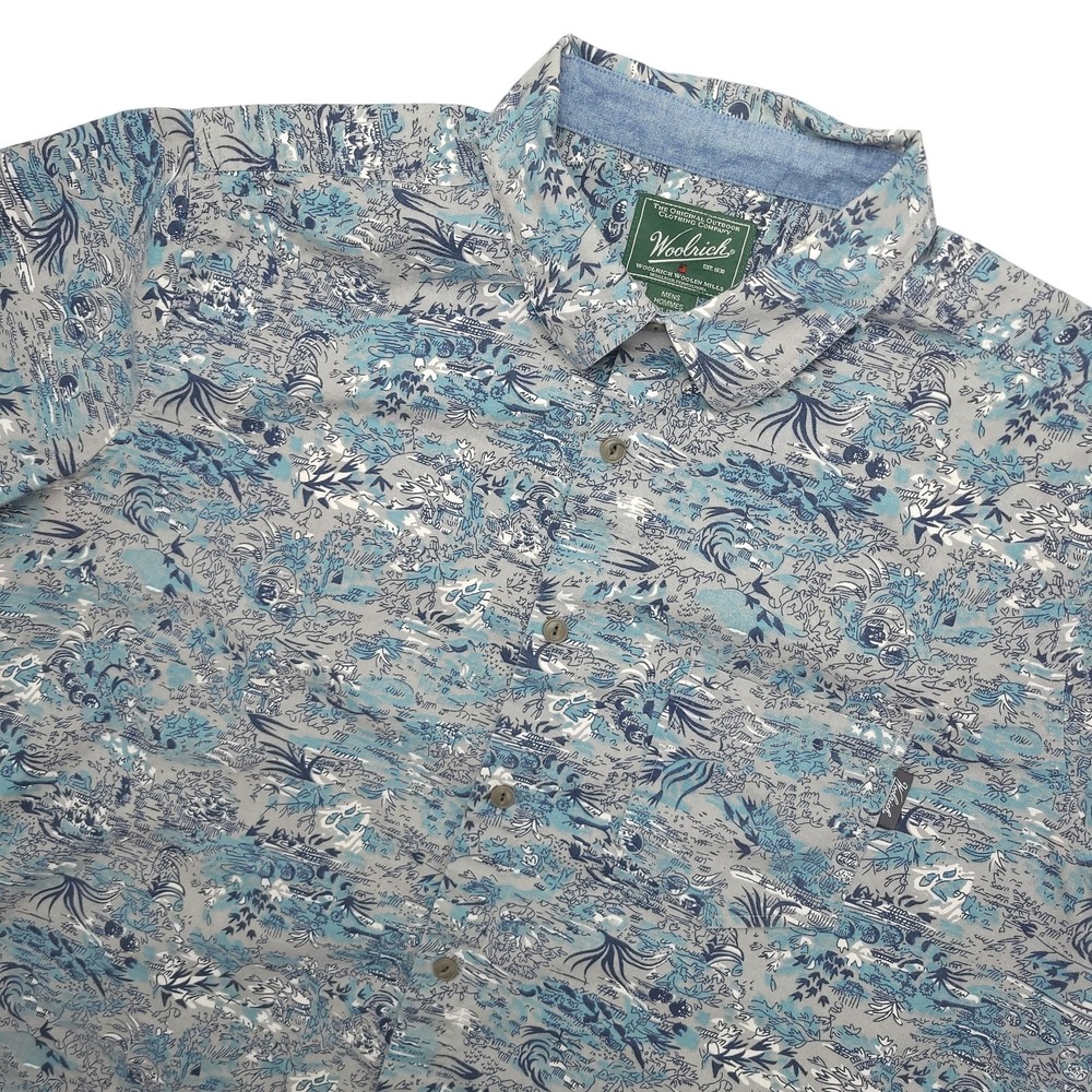 Woolrich Shirt Mens XL Blue Gray Scenic Print Button‎ Up Short Sleeve Casual